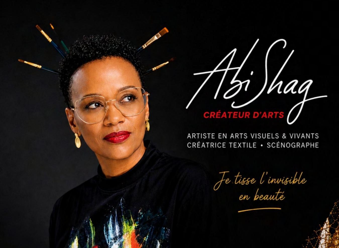 Première page du CV d’Abishag : son portrait, sa démarche artistique et ses coordonnées